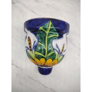 Vintage Mexican Art Pottery Floral Wall Pocket Planter Multicolor Home Decor 5"